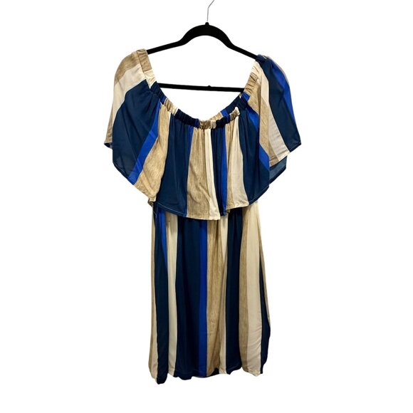 👗 2/$30 👗 Blue & Tan Striped Italian Off Shoulder Above Knee Length Dress sz M - Picture 1 of 9